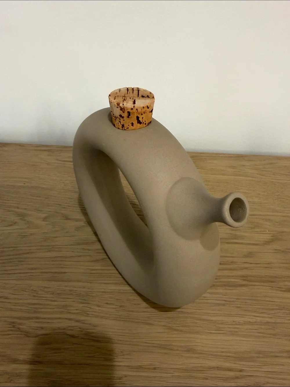 Modern Donut-Shaped Ceramic Vase in Matte Taupe With Cork & Spout